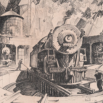 black and white drawing of a steam train engine on a turntable with two figures